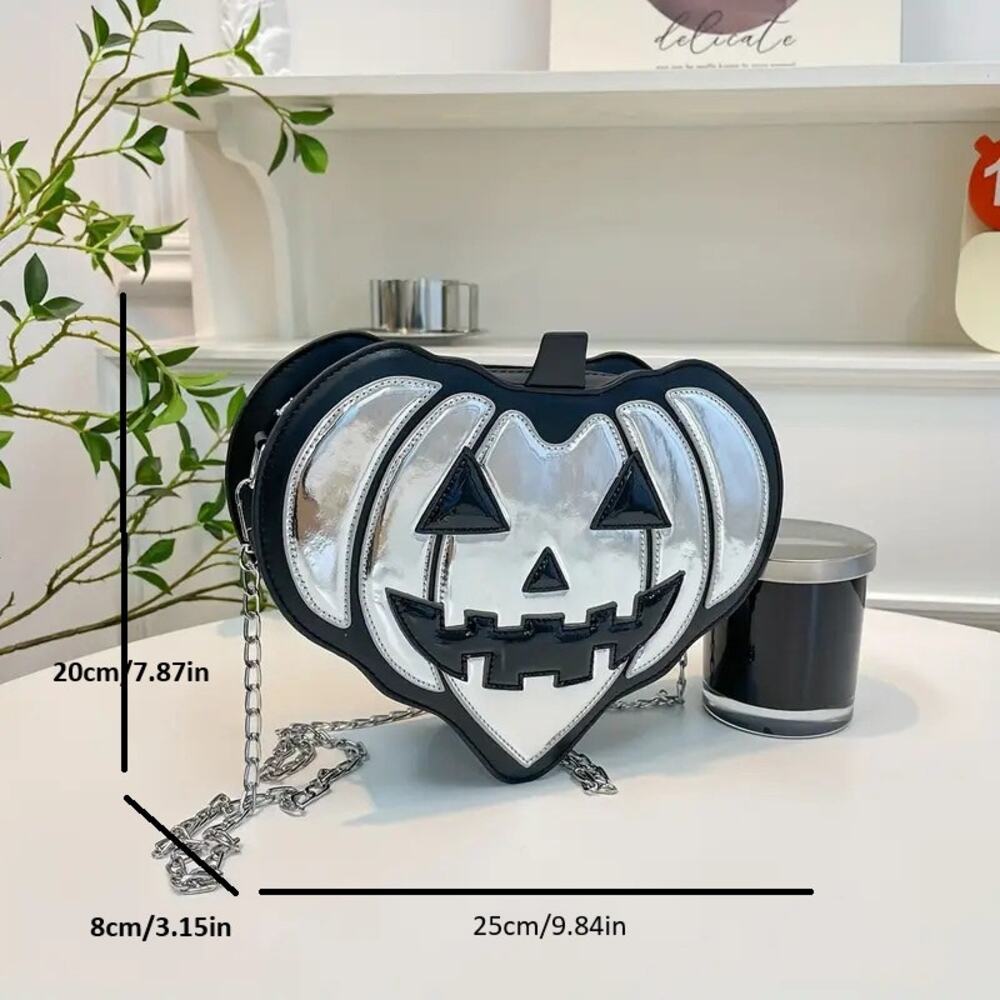 Silver Pumpkin Crossbody Bag – Halloween Jack-o' Purse with Chain Strap - Picture 2 of 2